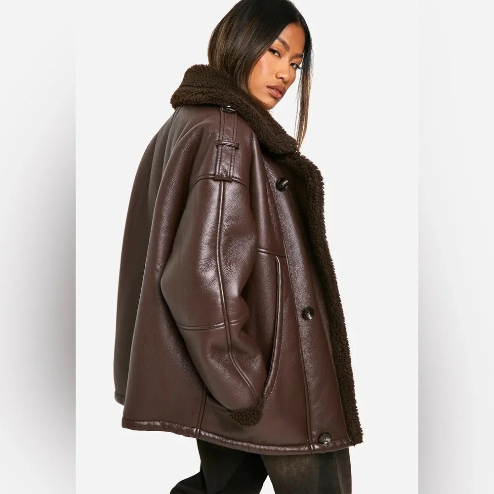 Boohoo Dark Brown Faux Leather Shearling-Trim Jacket - Picture 2 of 11